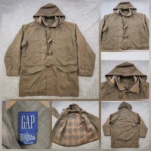 VTG GAP Duffle Coat Jacket Mens Medium Plaid Lined Cotton Hooded Classic Toggle
